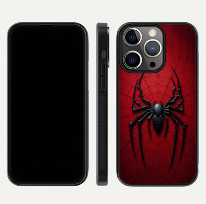 Venom Web Emblem Glass Case for iPhone 13 Pro front & back layout showing contrast art and curved glass edges