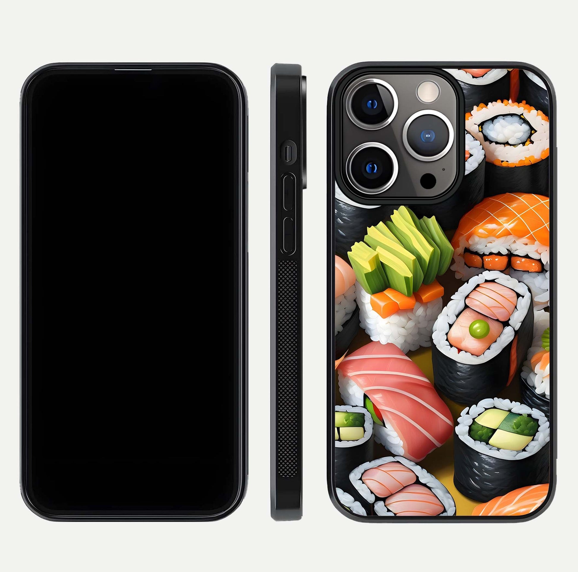 Sushi Food Pattern Glass Case for iPhone 13 Pro front & back layout showing playful food theme and clear edges