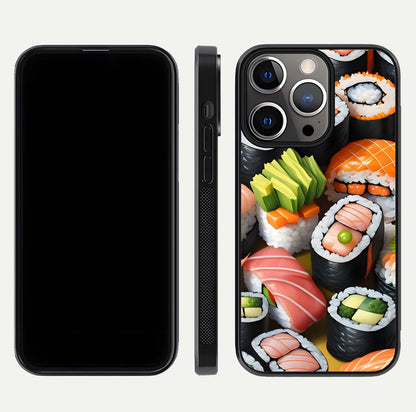 Sushi Food Pattern Glass Case for iPhone 13 Pro front & back layout showing playful food theme and clear edges