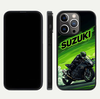 Suzuki Speed Beast Glass Case for iPhone 13 Pro front & back layout showing motion blur and sleek edges
