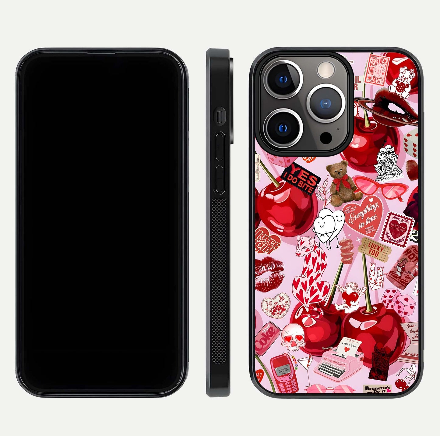 Sweet Cherry Chaos Glass Case for iPhone 13 Pro front & back layout showing vibrant cherries and smooth edges