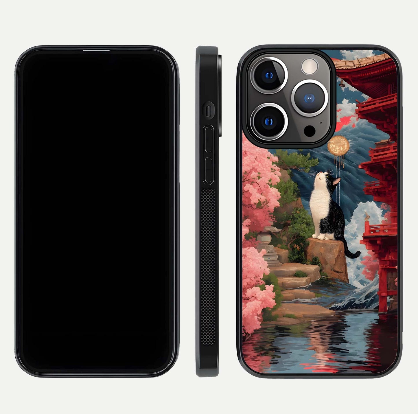 Temple Cat Scenery Glass Case for iPhone 13 Pro front & back layout showing scenic print and edge design