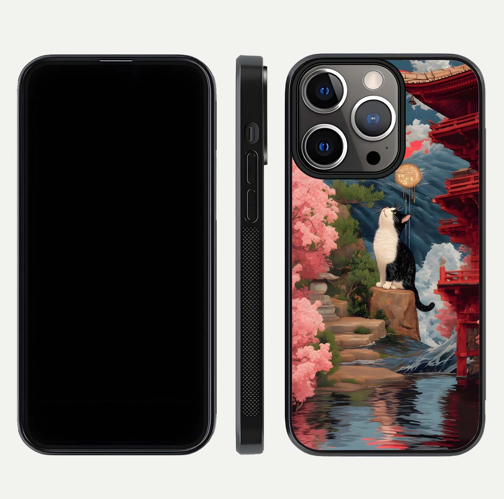 Temple Cat Scenery Glass Case for iPhone 13 Pro front & back layout showing scenic print and edge design