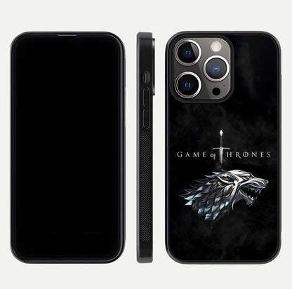Throne Wolf Legacy Glass Case for iPhone 13 Pro front & back layout showing bold pattern and sharp edge