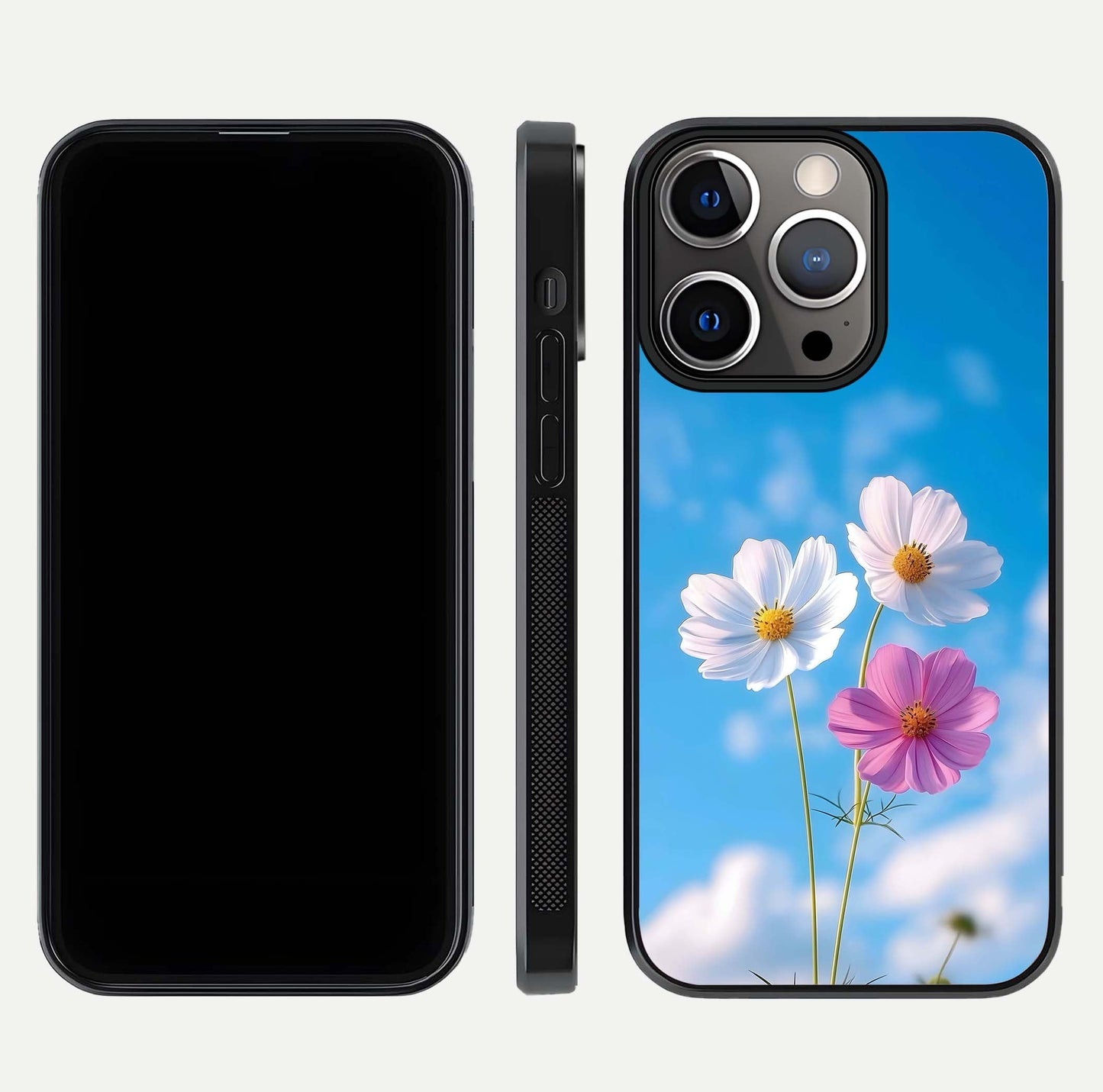 Triple Flowers With Sky Glass Case for iPhone 13 Pro front & back layout showing vivid tones and glossy surface