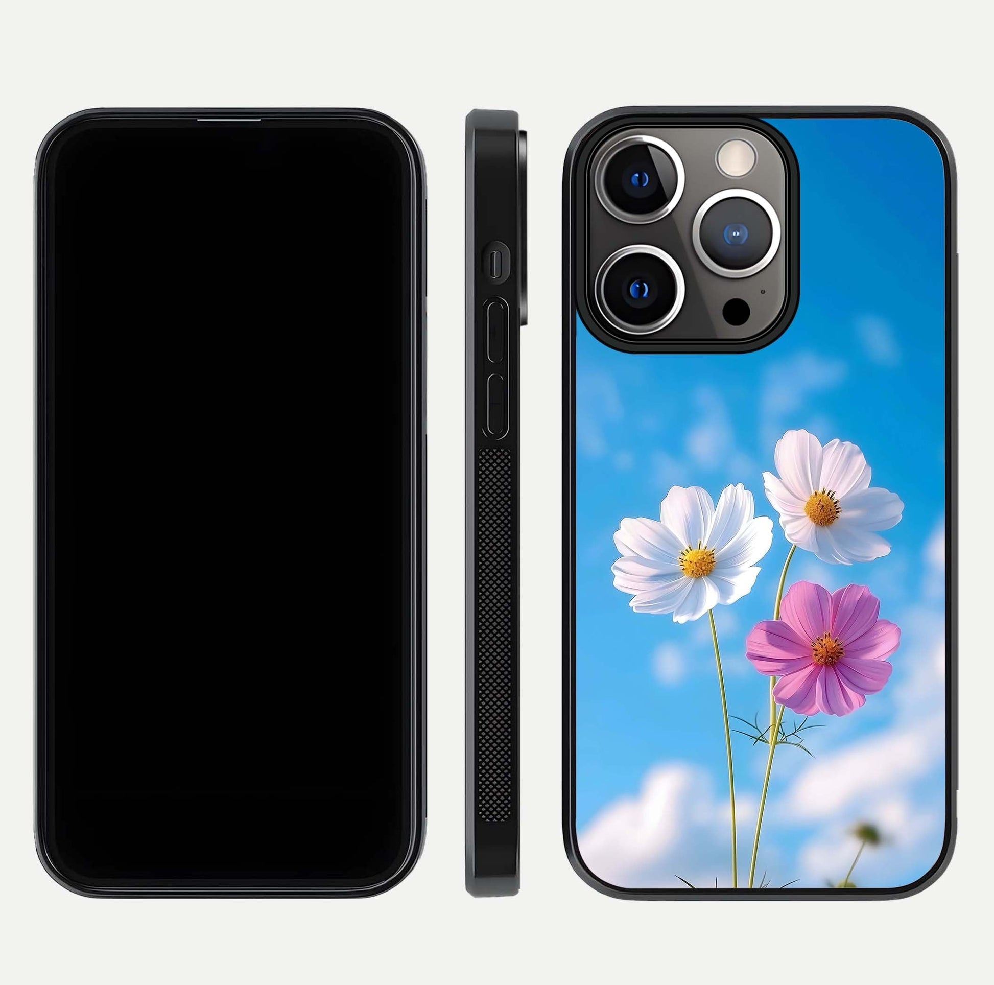 Triple Flowers With Sky Glass Case for iPhone 13 Pro front & back layout showing vivid tones and glossy surface