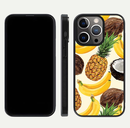 Tropical Fruit Mood Glass Case for iPhone 13 Pro front & back layout showing playful tones and clean edge