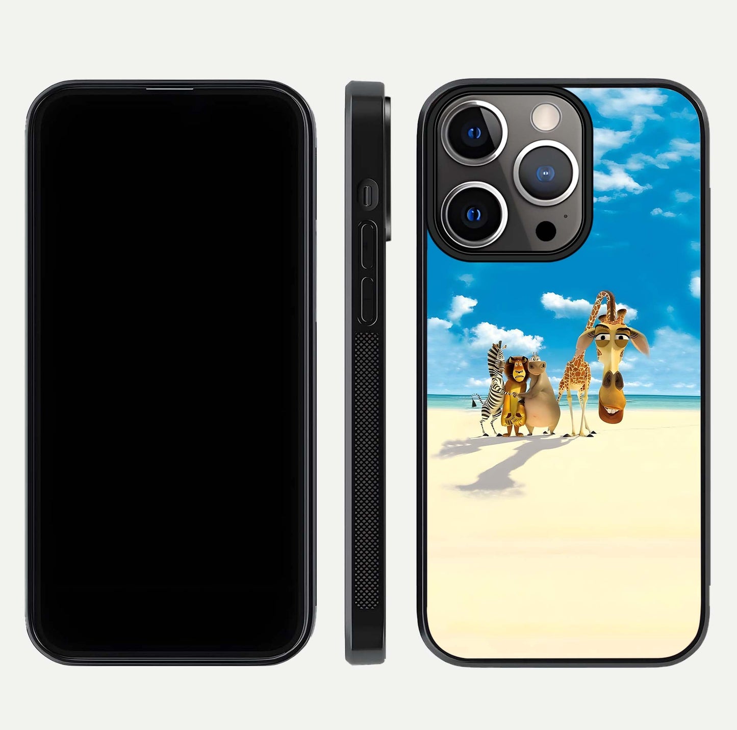 Tropical Fun Squad Glass Case for iPhone 13 Pro front & back layout showing fun pattern and smooth edges