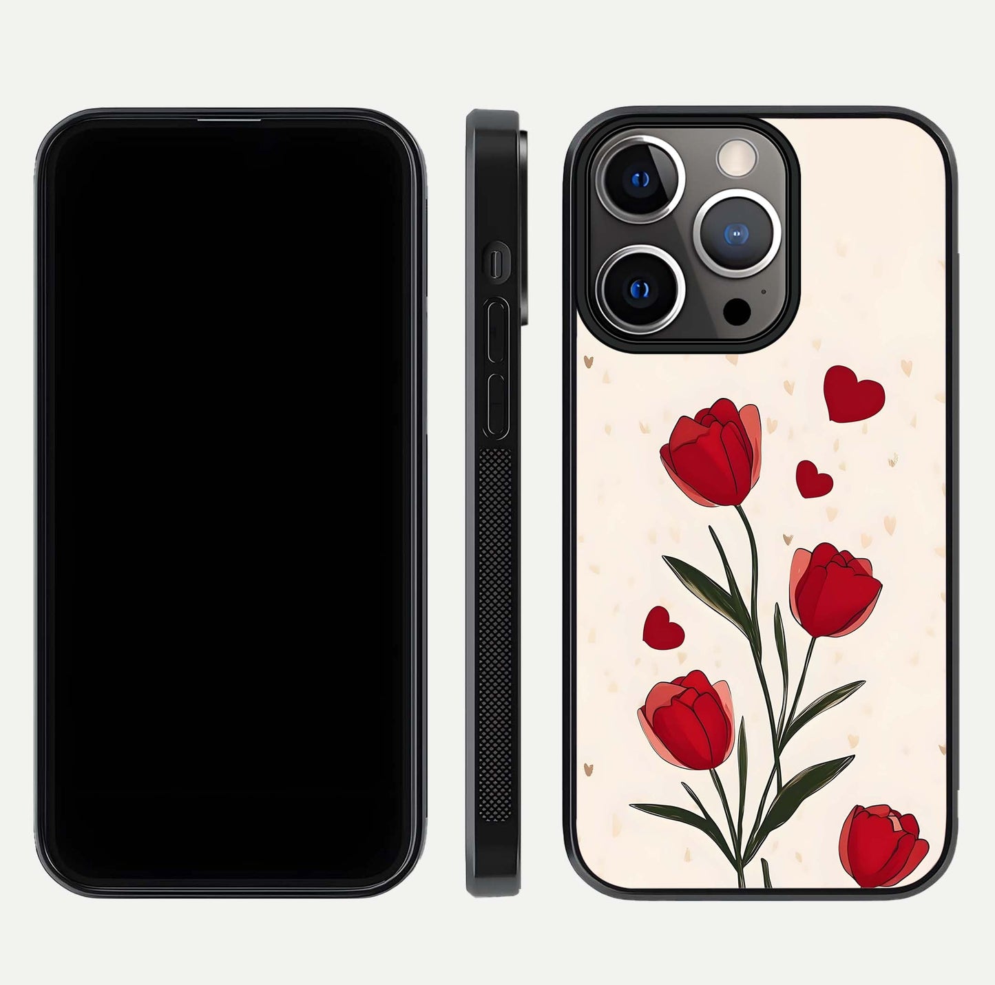 Tulip With Heart Glass Case for iPhone 13 Pro front & back layout showing heart motif and elegant gloss finish