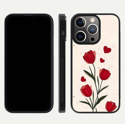 Tulip With Heart Glass Case for iPhone 13 Pro front & back layout showing heart motif and elegant gloss finish