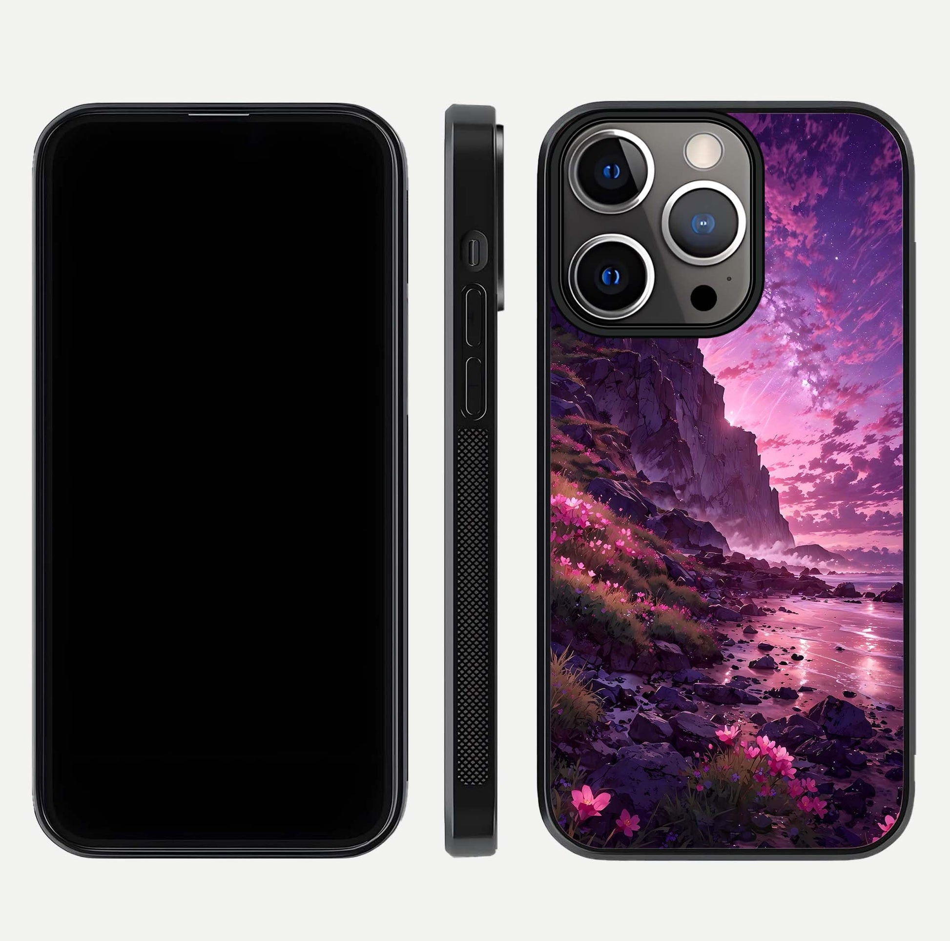 Twilight Blossom Coast Glass Case for iPhone 13 Pro front & back layout showing floral tones and curved edge