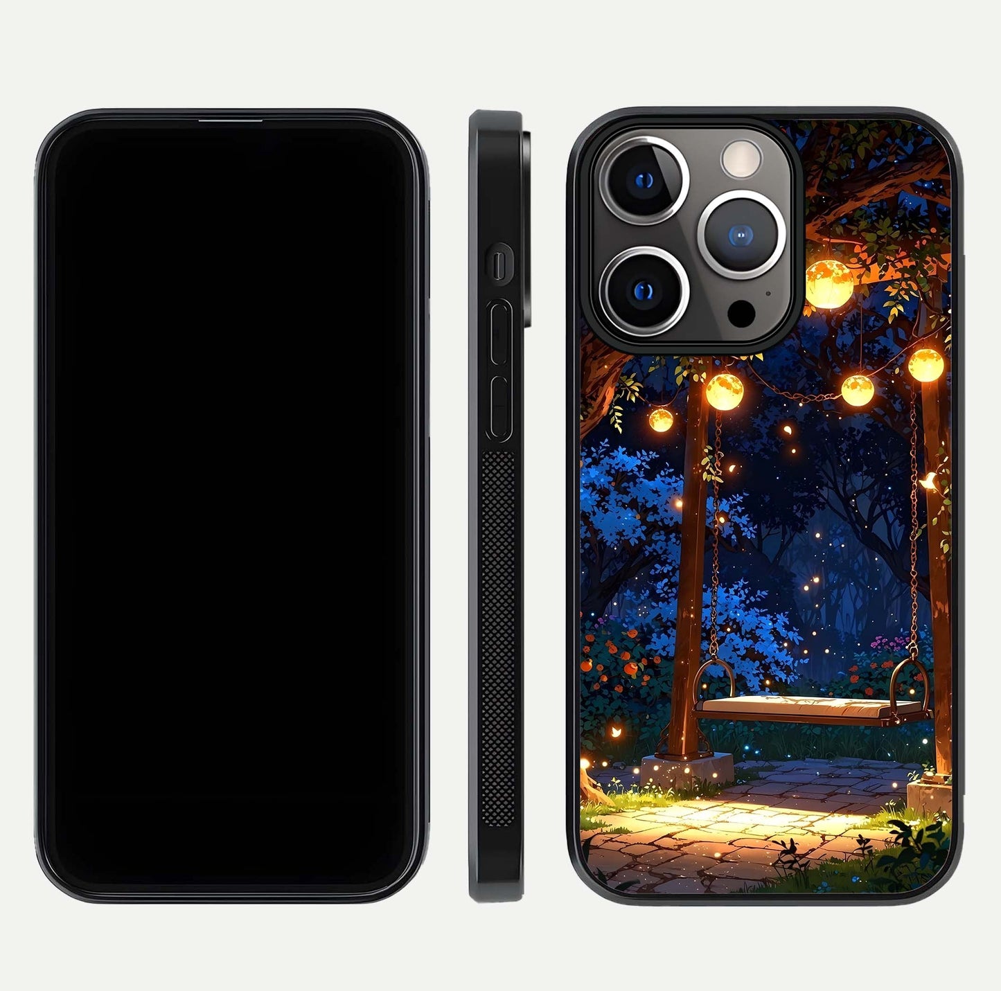 Twilight Garden Swing Glass Case for iPhone 13 Pro front & back layout showing garden art and clean edge