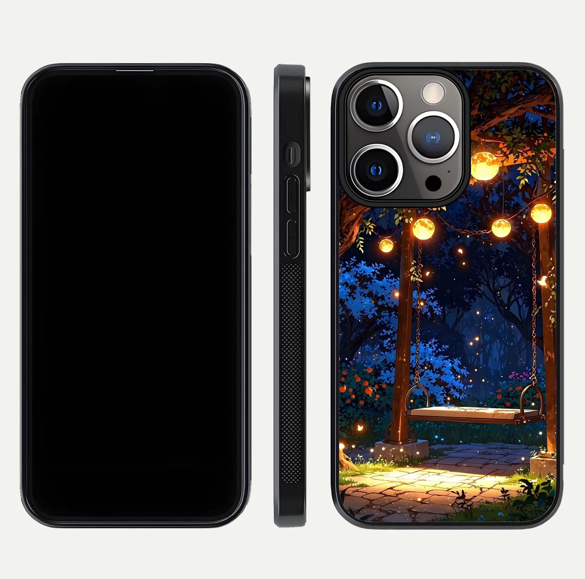 Twilight Garden Swing Glass Case for iPhone 13 Pro front & back layout showing garden art and clean edge