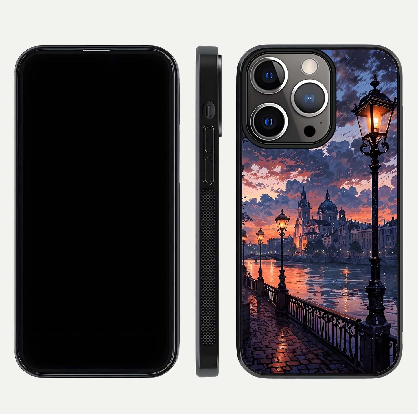Twilight River Lights Glass Case for iPhone 13 Pro front & back layout showing scenic artwork and smooth curved edges