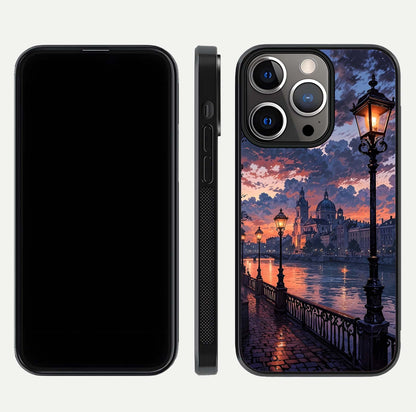 Twilight River Lights Glass Case for iPhone 13 Pro front & back layout showing scenic artwork and smooth curved edges