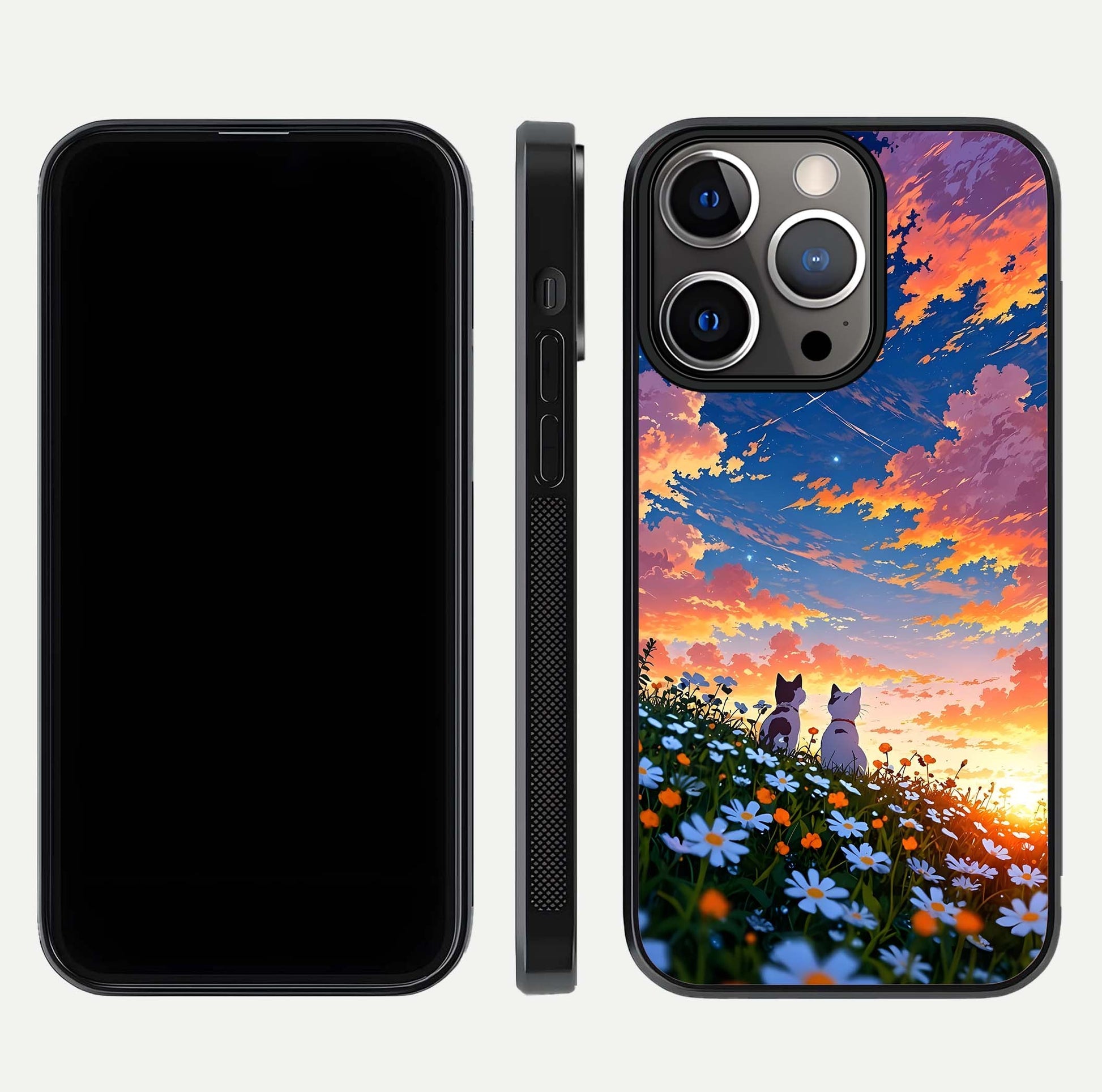 Two Cats Friends Glass Case for iPhone 13 Pro front & back layout showing friendly cat theme and edge design
