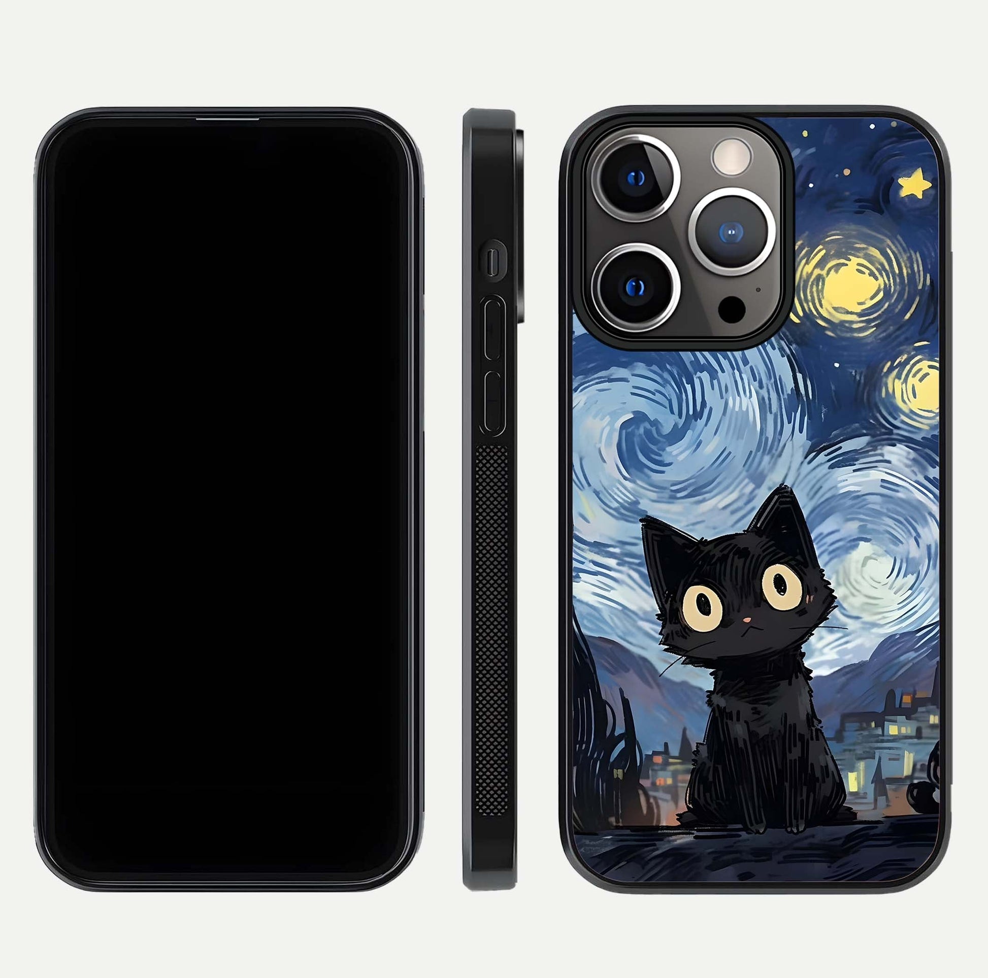 Van Gogh Cat Glass Case for iPhone 13 Pro front & back layout showing detailed art print and curved glass edges