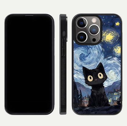 Van Gogh Cat Glass Case for iPhone 13 Pro front & back layout showing detailed art print and curved glass edges