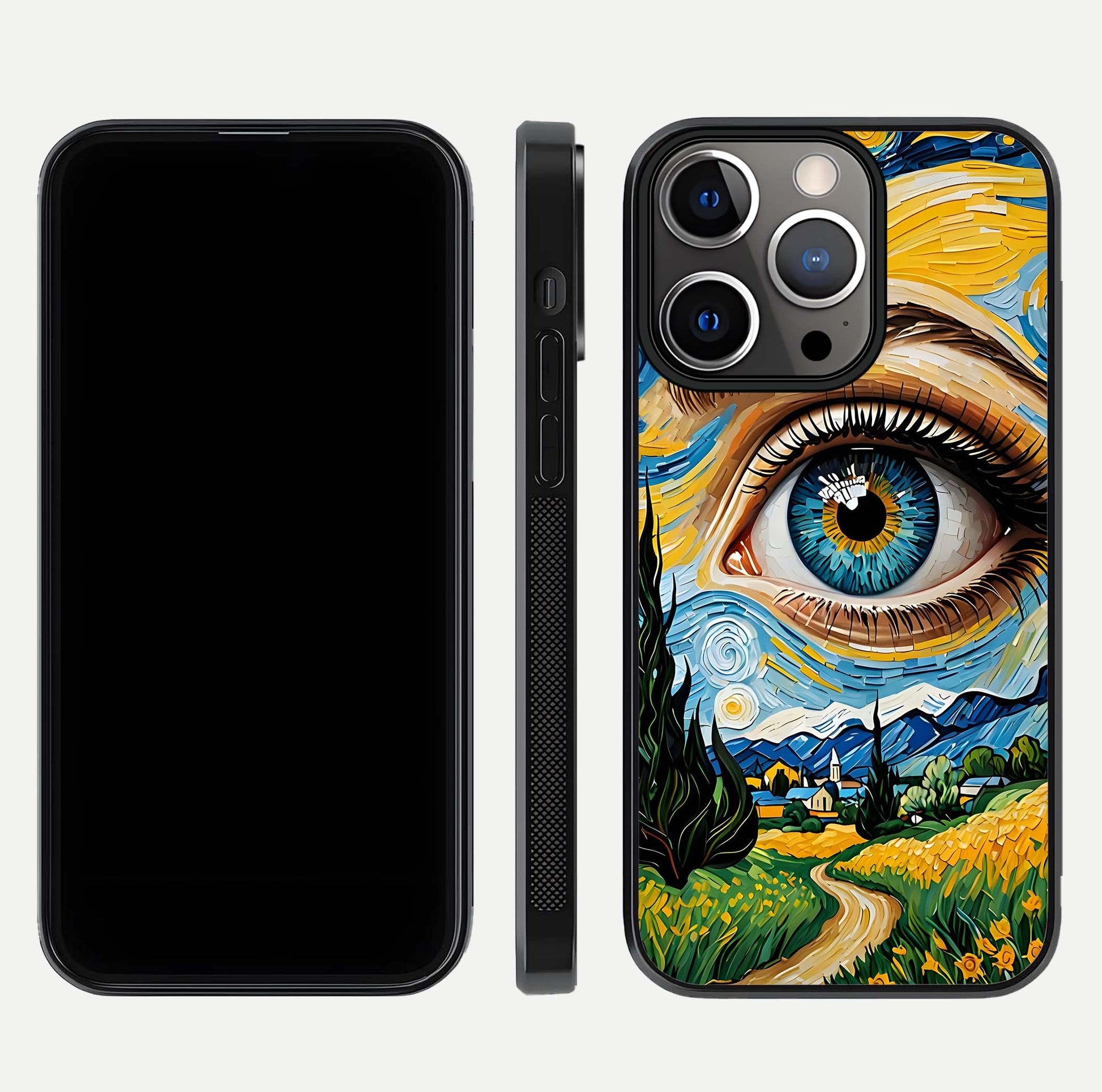 Van Gogh Eye Glass Case for iPhone 16 Pro front & back layout showing brushstroke detail and smooth finish