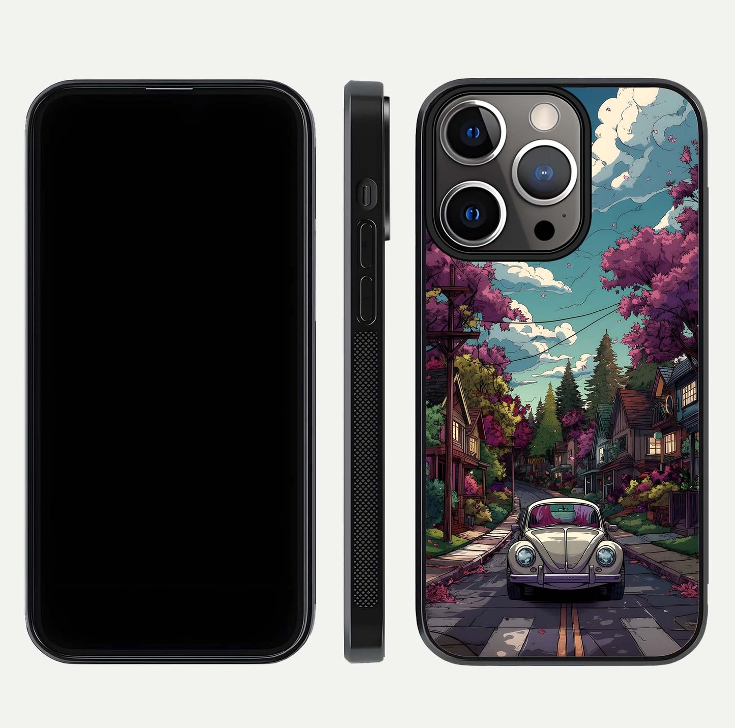 Vintage Street Drive Glass Case for iPhone 13 Pro front & back layout showing retro street scene and edges