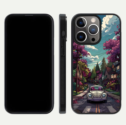 Vintage Street Drive Glass Case for iPhone 13 Pro front & back layout showing retro street scene and edges