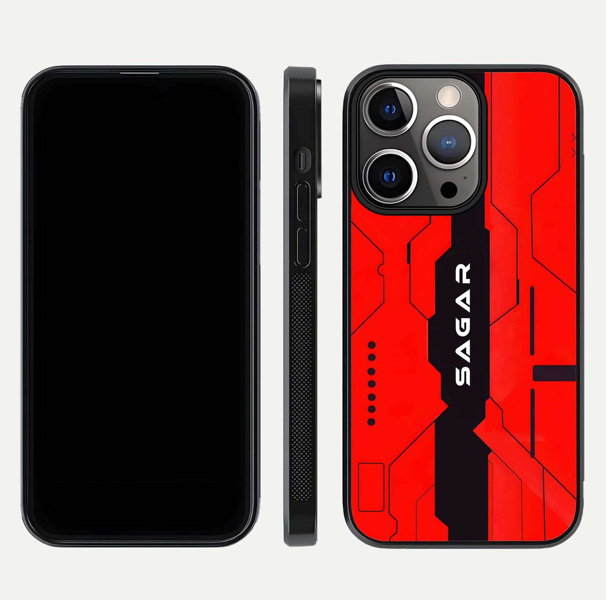 Voltage Rise CYBERPUNK Custom Name Glass Case for iPhone 13 Pro front & back layout showing futuristic tones and sleek edge