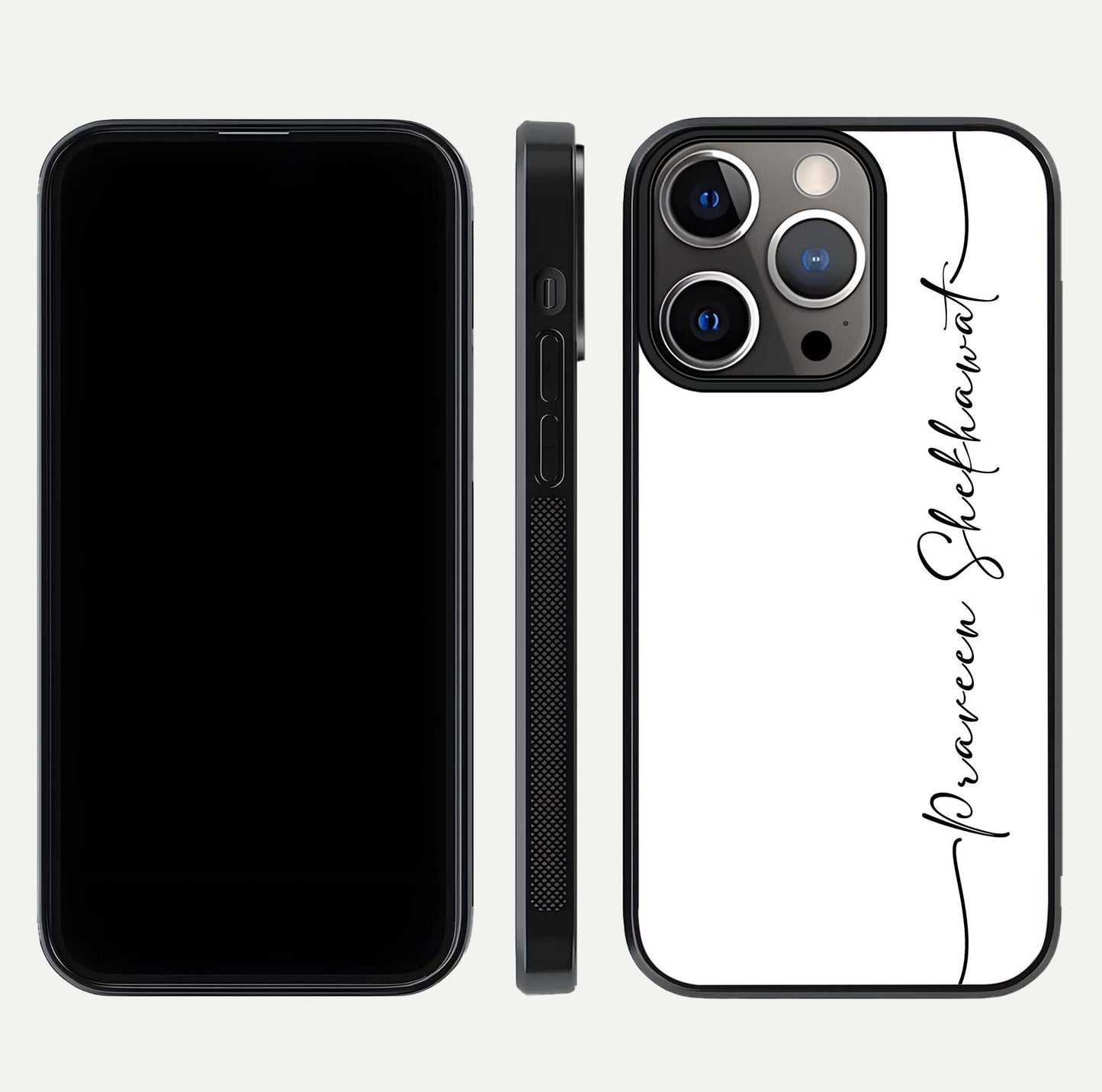 White Tune Custom Name Glass Case for iPhone 13 Pro front & back layout showing clean design and text placement