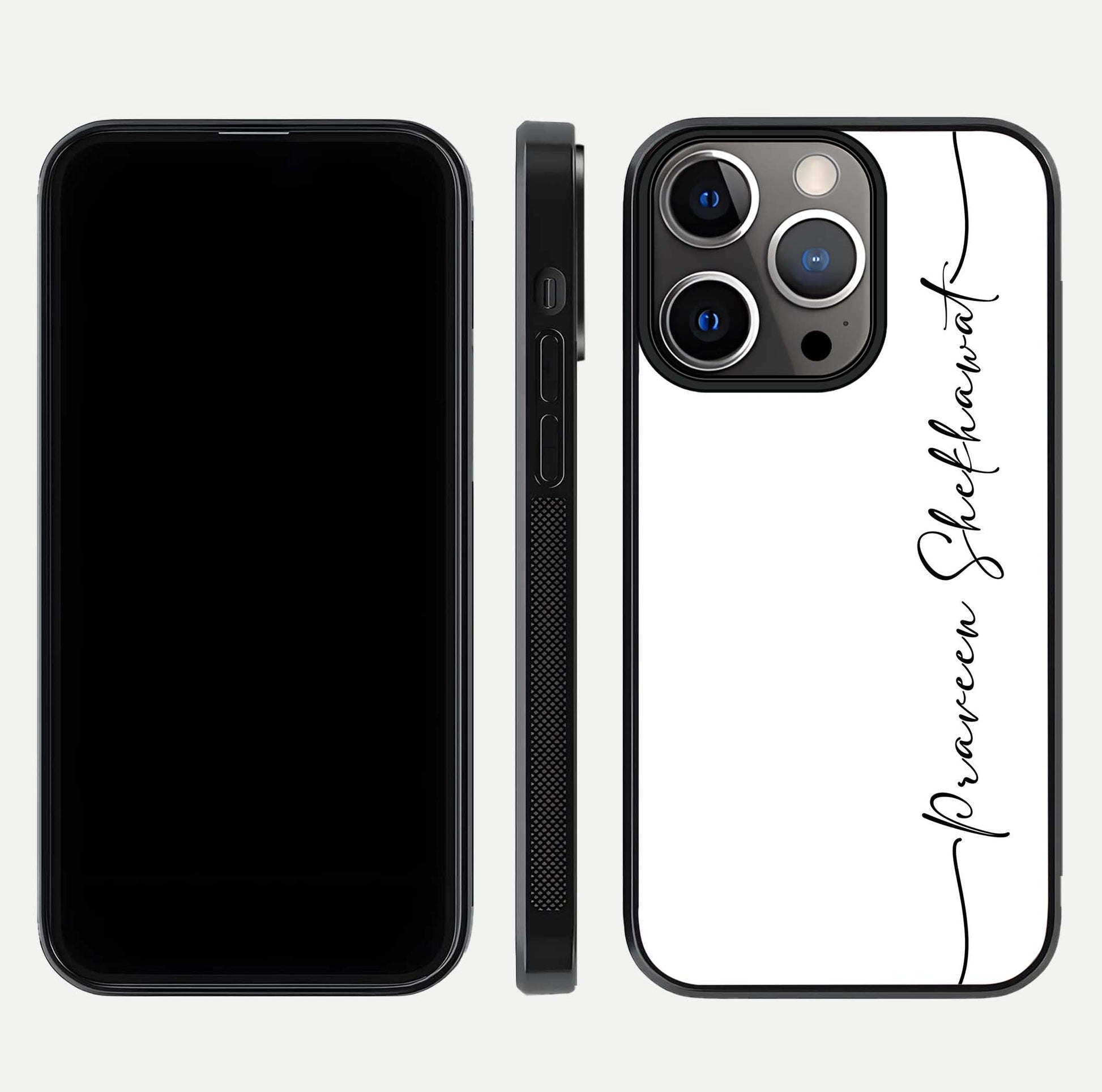 White Tune Custom Name Glass Case for iPhone 13 Pro front & back layout showing clean design and text placement