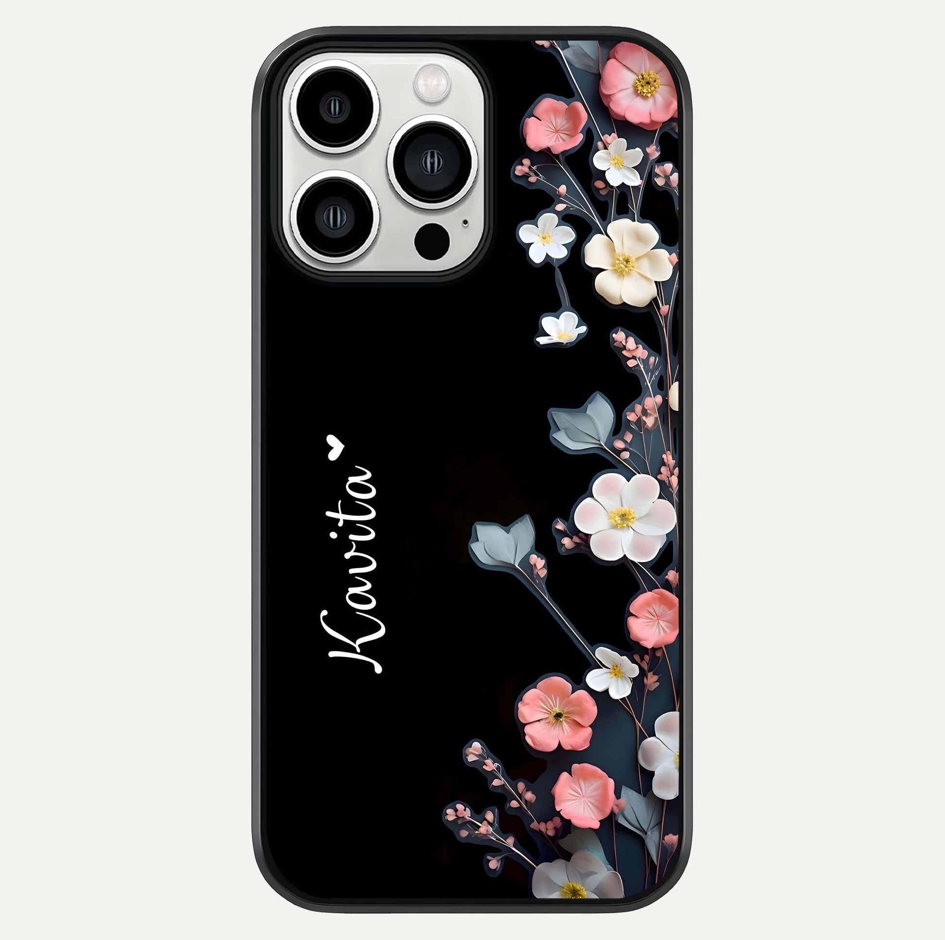 Black Elegance Floral Custom Name Glass Case For iPhone 13 Pro Max by Custom World