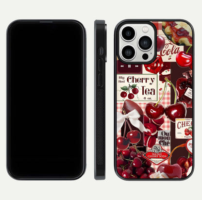 Aesthetic Cherry Tea Glass Case for iPhone 13 Pro Max front and back view layout showing black front display and artistic cherry-themed glass back