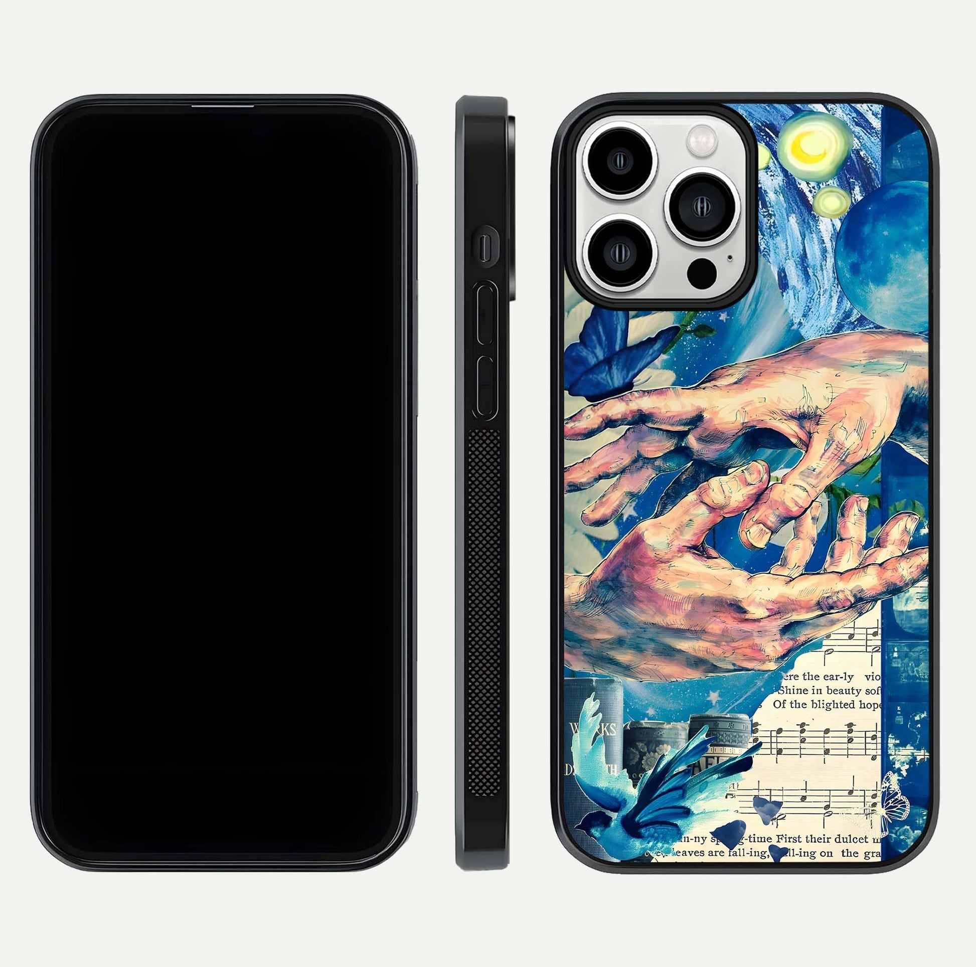 Aesthetic Divider Glass Case for iPhone 13 Pro Max front and back view layout showing black front display and minimal divider glass back