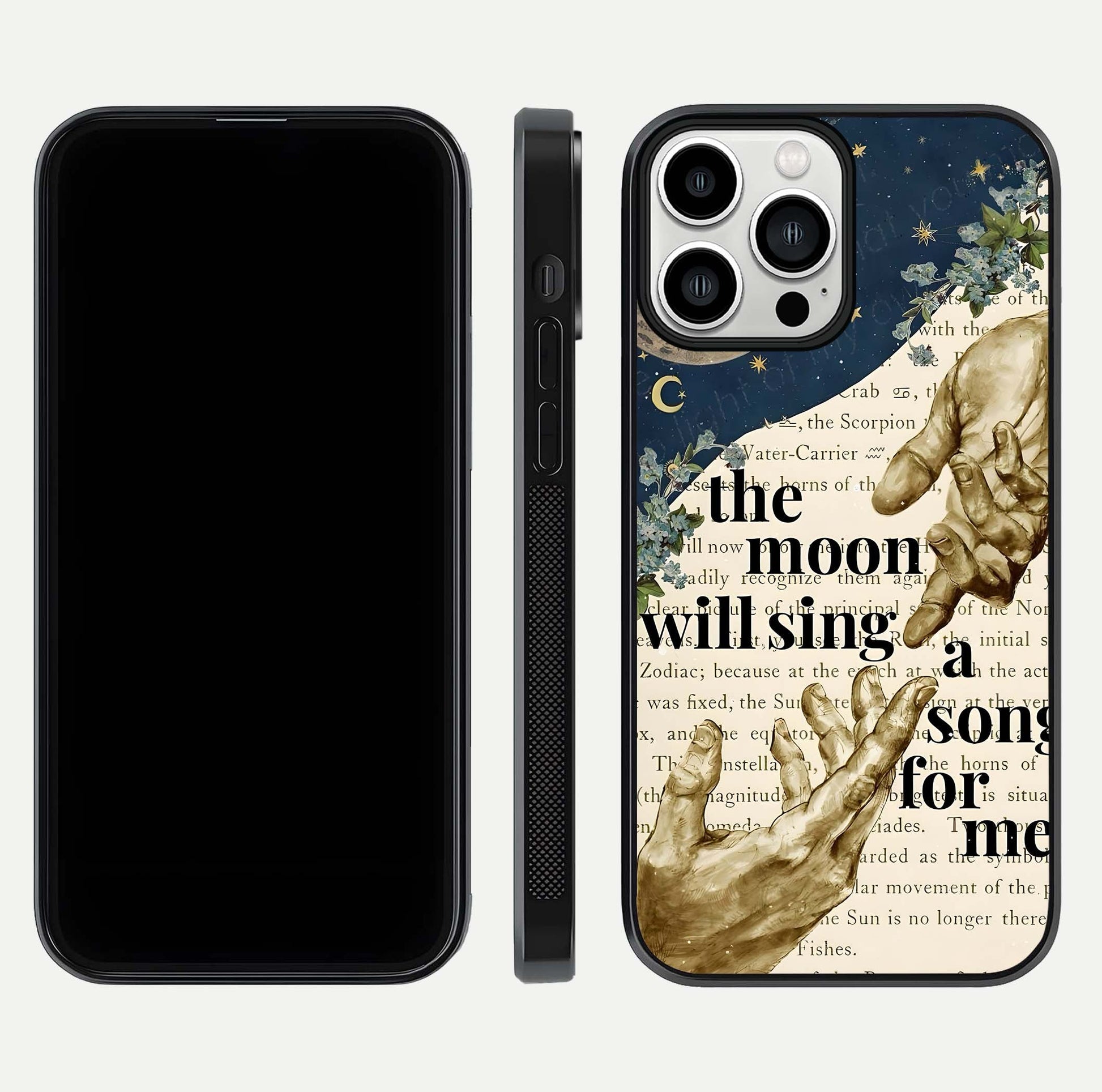 Aesthetic Divine Glass Case for iPhone 13 Pro Max front and back view layout showing black front display and divine art glass back