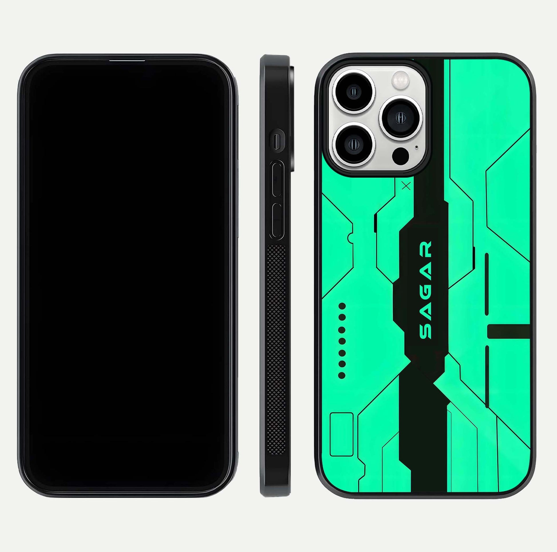 Aqua Tech CYBERPUNK Custom Name Glass Case for iPhone 13 Pro Max front and back display showing sleek tech pattern and shine