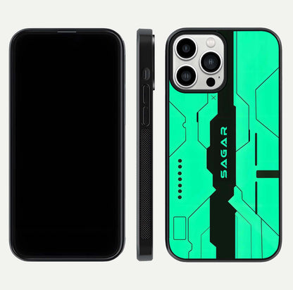Aqua Tech CYBERPUNK Custom Name Glass Case for iPhone 13 Pro Max front and back display showing sleek tech pattern and shine