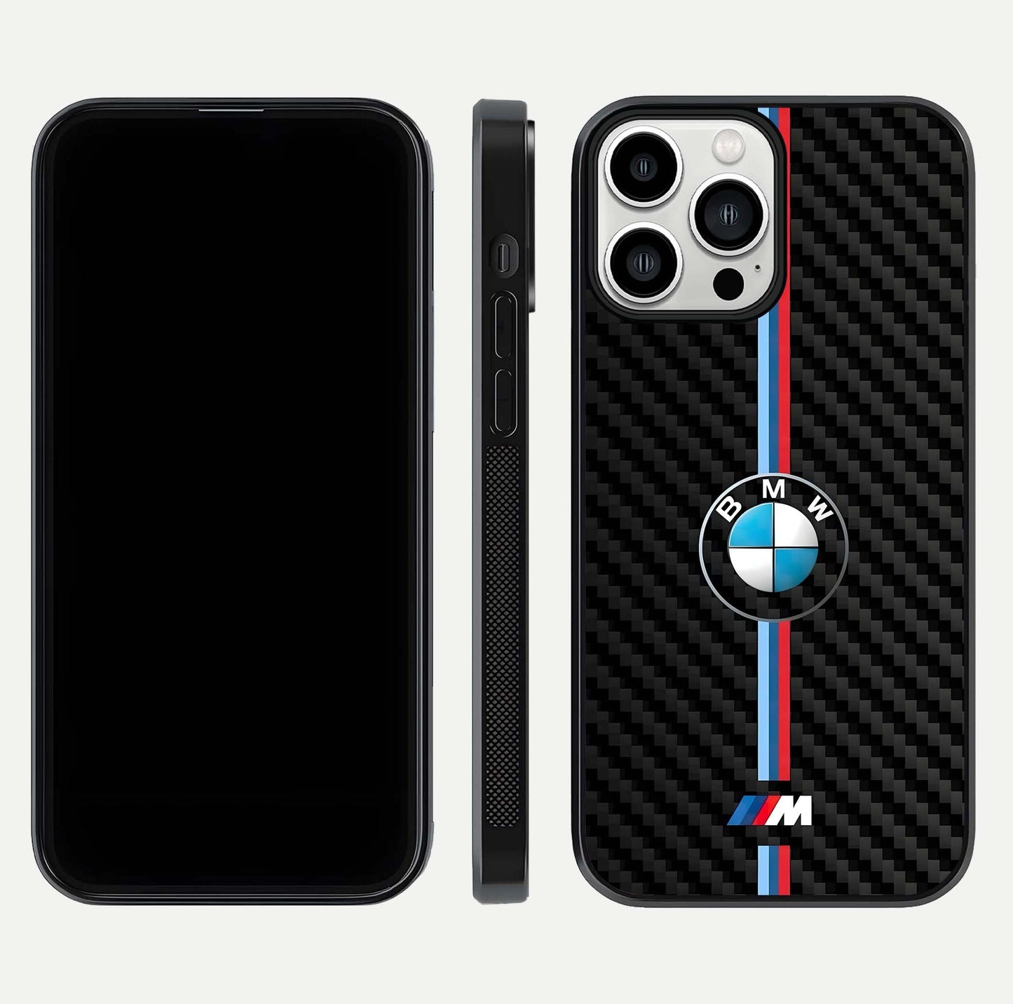 BMW Pattern Glass Case for iPhone 13 Pro Max front-and-back layout displaying car-themed art and premium glass gloss