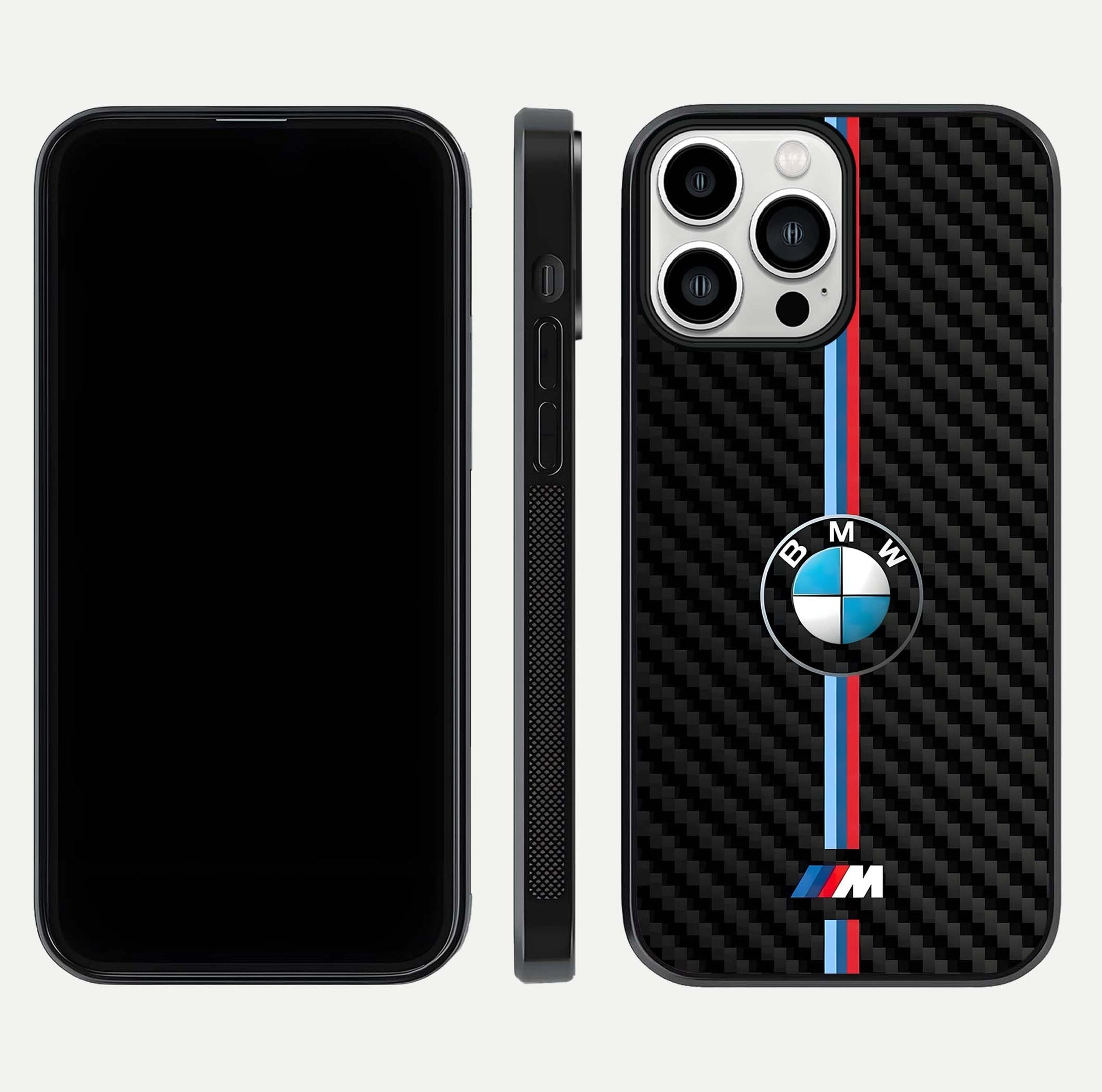 BMW Pattern Glass Case for iPhone 13 Pro Max front-and-back layout displaying car-themed art and premium glass gloss
