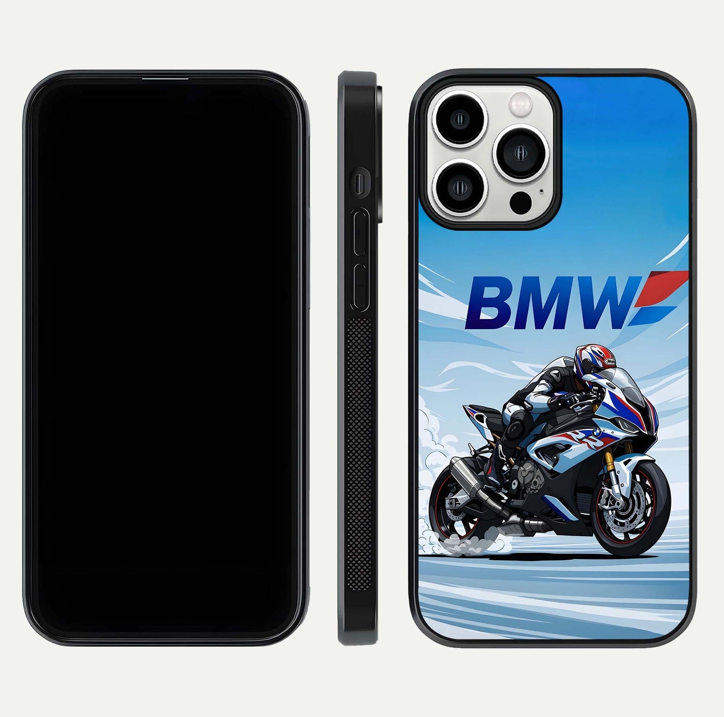 BMW Power Drift Glass Case for iPhone 13 Pro Max dual-view layout showing energy pattern and edge clarity