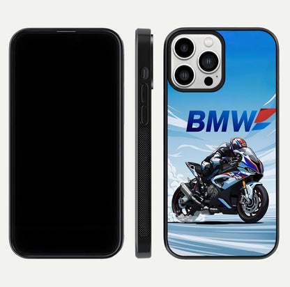 BMW Power Drift Glass Case for iPhone 13 Pro Max dual-view layout showing energy pattern and edge clarity