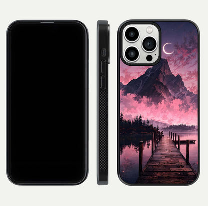 Beautyful Mountain View Glass Case for iPhone 13 Pro Max front and back layout showcasing natural tones and clarity