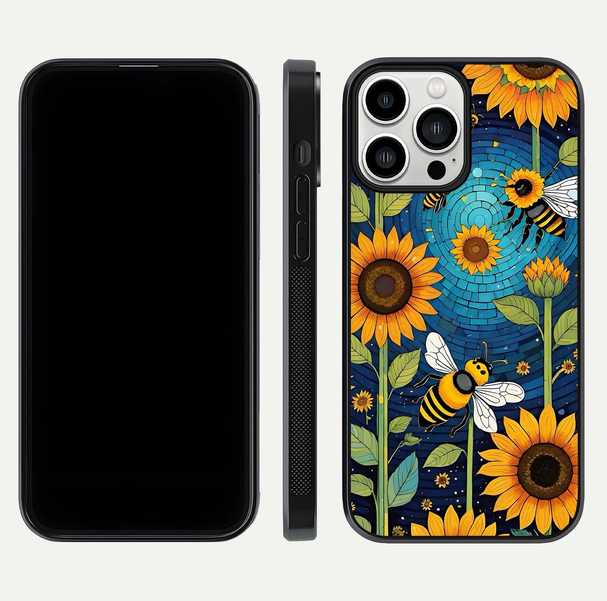 Bees & Sunflowers Glass Case for iPhone 13 Pro Max front-and-back layout highlighting nature-inspired artwork and protective edge