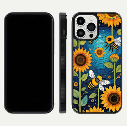 Bees & Sunflowers Glass Case for iPhone 13 Pro Max front-and-back layout highlighting nature-inspired artwork and protective edge