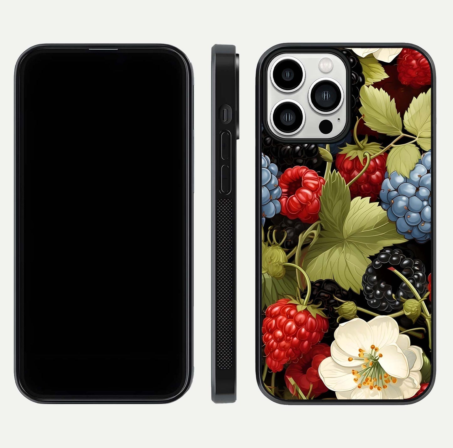 Berry Bloom Charm Glass Case for iPhone 13 Pro Max front-and-back layout showing floral pattern continuity and smooth glass shine