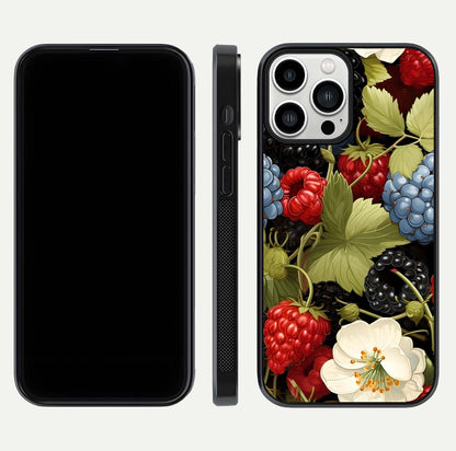 Berry Bloom Charm Glass Case for iPhone 13 Pro Max front-and-back layout showing floral pattern continuity and smooth glass shine