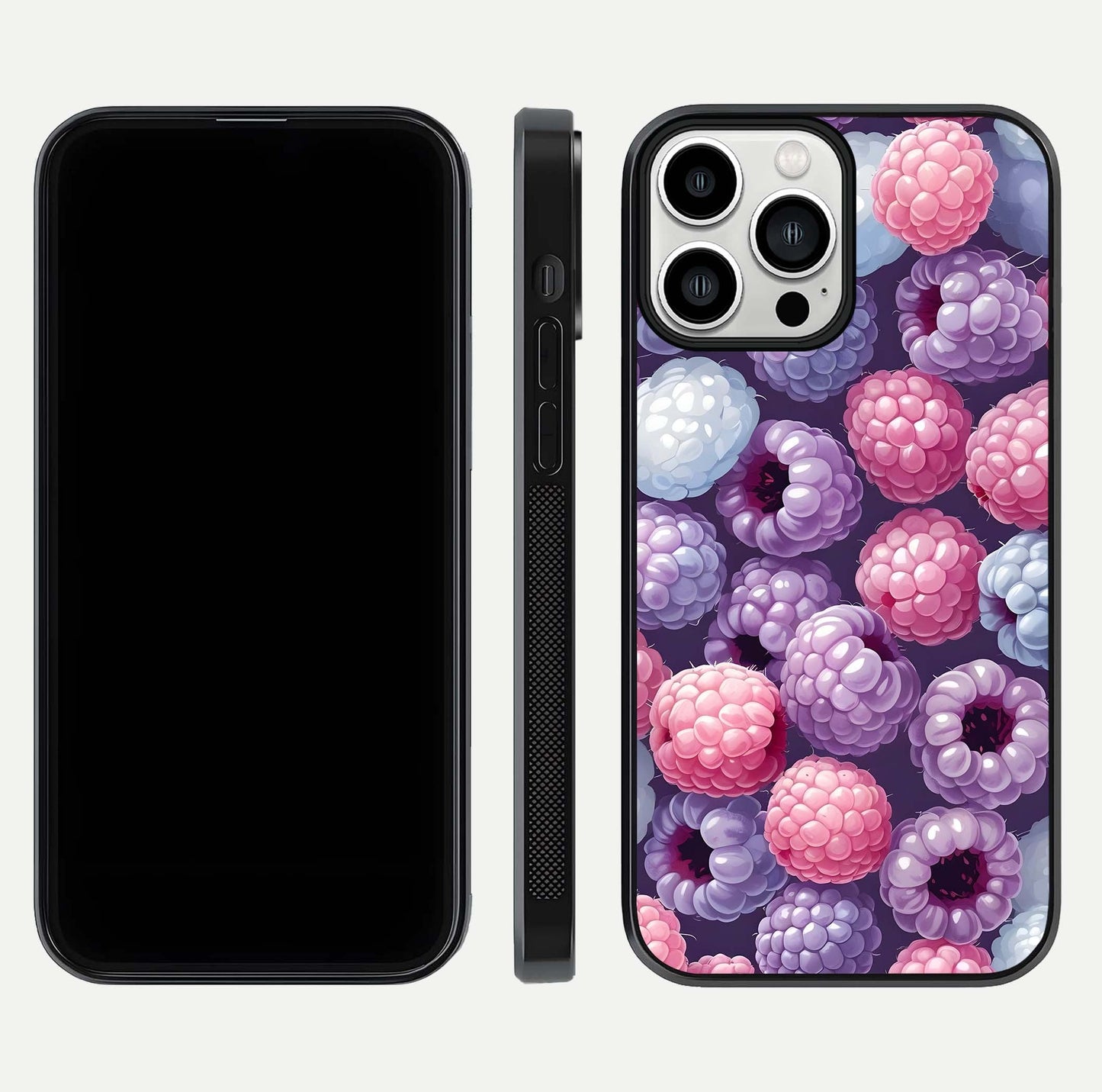 Berry Candy Pop Glass Case for iPhone 13 Pro Max front-and-back layout showing colorful pattern and sleek protective frame