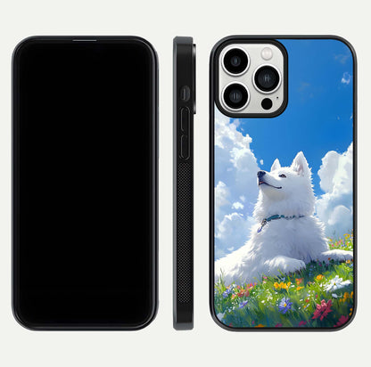 Blissful Cloud Pup Glass Case for iPhone 13 Pro Max front-and-back layout showing art alignment and edge design
