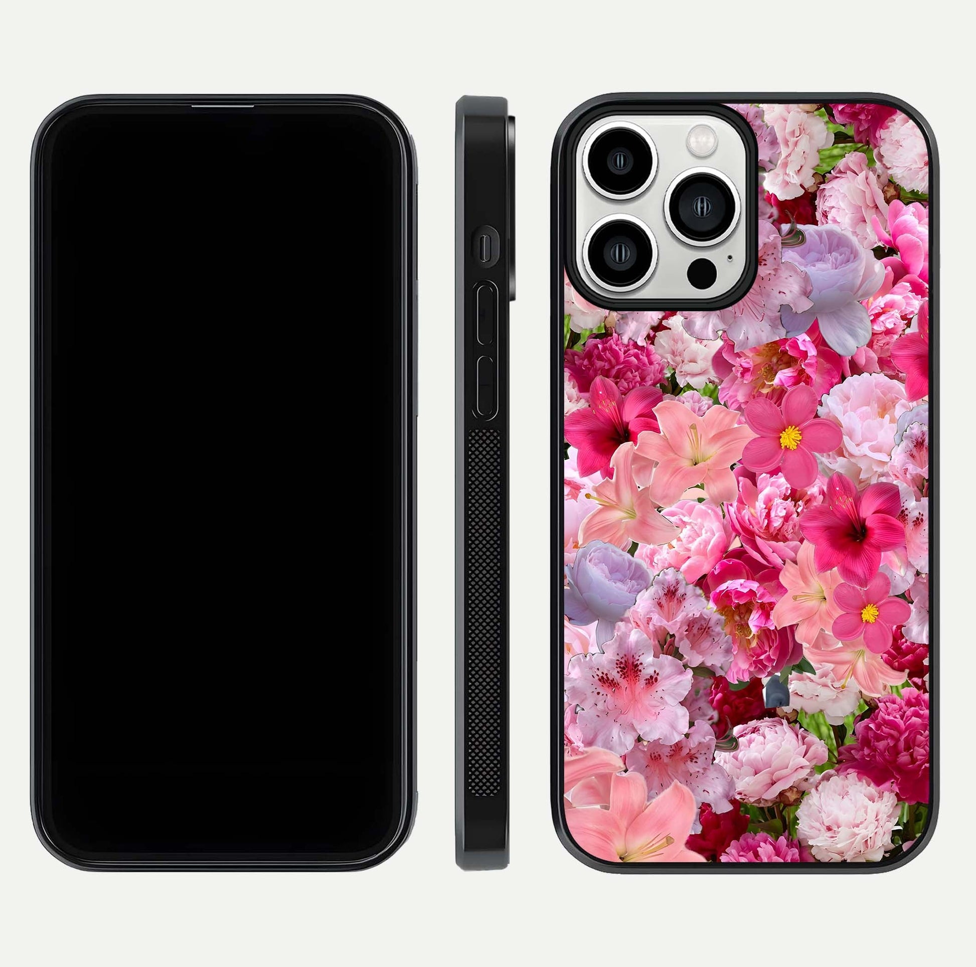 Bloom Crush Fantasy Glass Case for iPhone 13 Pro Max dual-view layout highlighting edges and premium shine