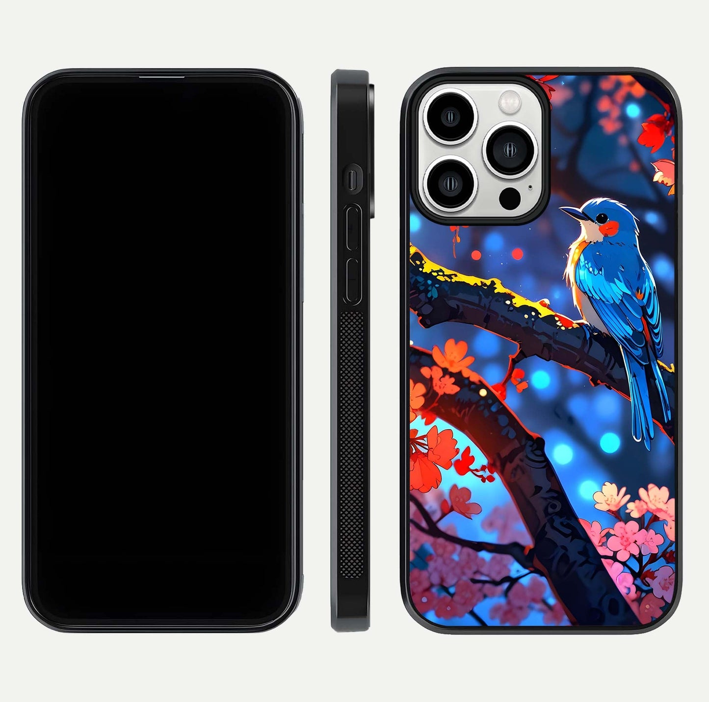 Blooming Spendor Bird Glass Case for iPhone 13 Pro Max front-and-back view showing nature print and protective edge