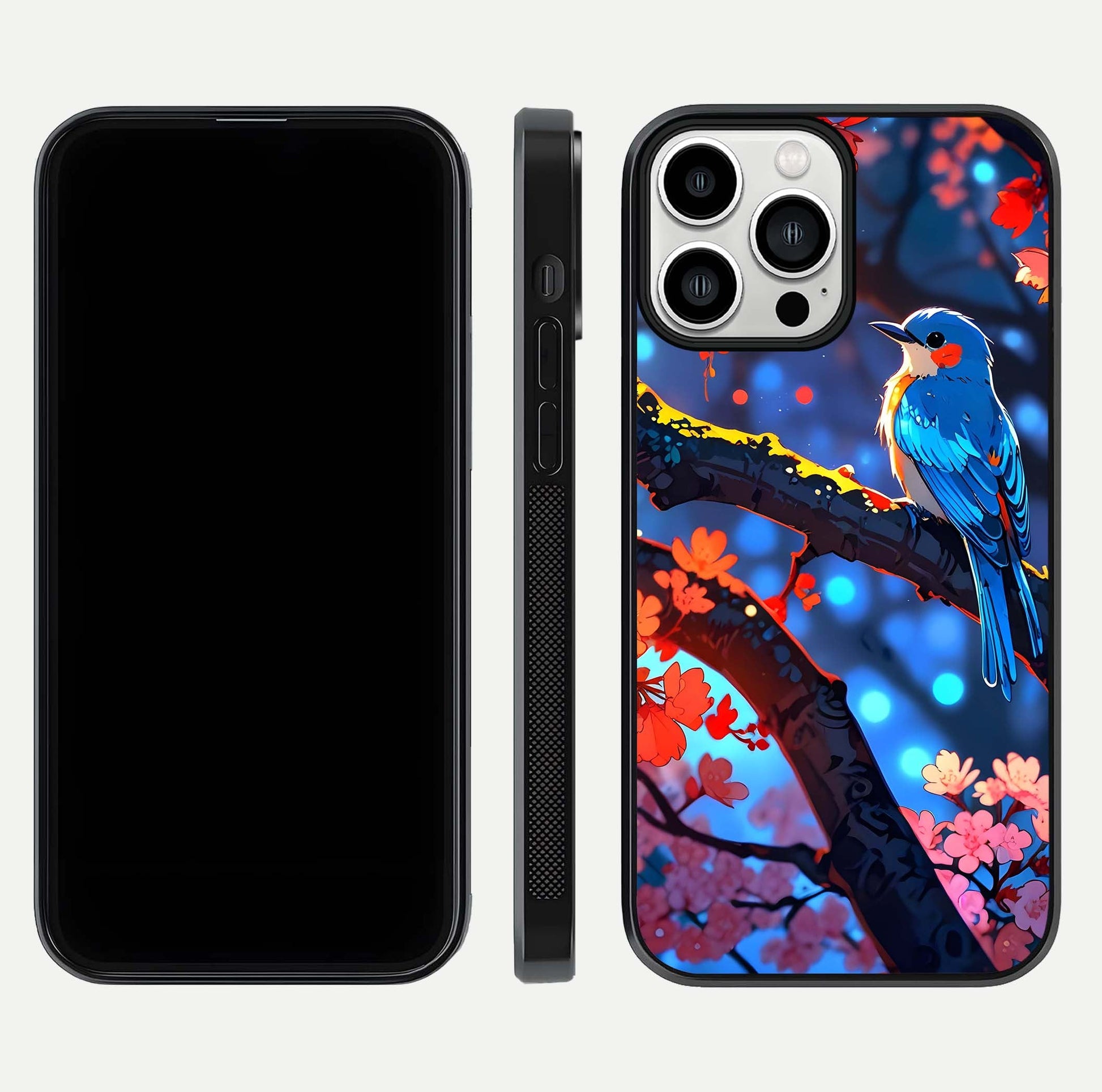 Blooming Spendor Bird Glass Case for iPhone 13 Pro Max front-and-back view showing nature print and protective edge