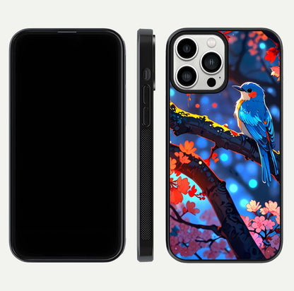 Blooming Spendor Bird Glass Case for iPhone 13 Pro Max front-and-back view showing nature print and protective edge