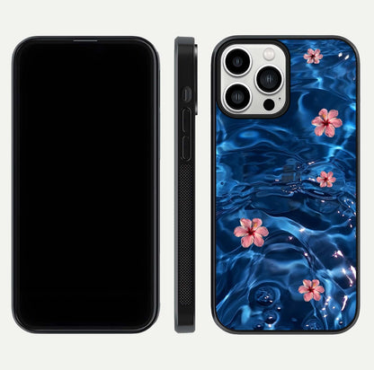 Blooming Water Drift Glass Case for iPhone 13 Pro Max front-and-back layout highlighting edge design and serene water bloom art